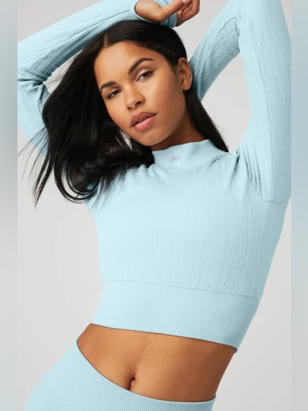 🆕 ALO Yoga Seamless Cable Knit Long Sleeve Top-Chalk Blue NWT SZ LG